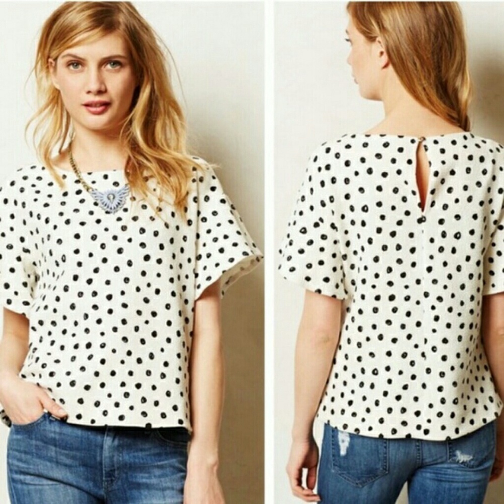 POSTMARK Anthro Polka Dot ruffle Slv Med Blk wht